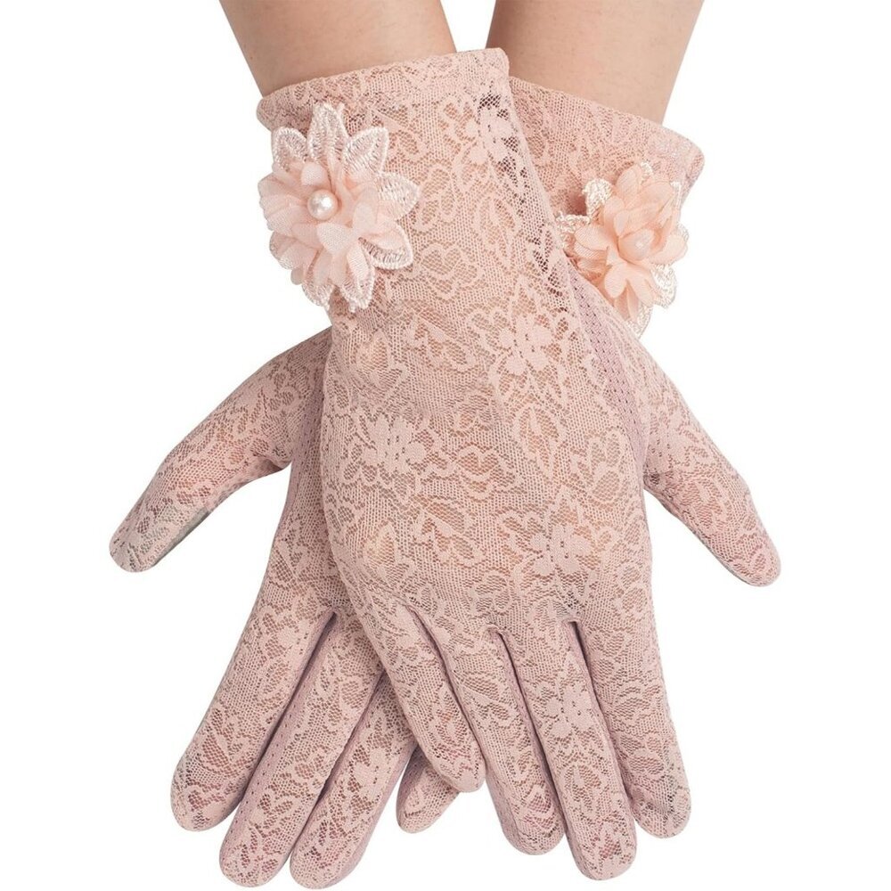 Women's Floral Pink Short Lace Gloves Wedding Halloween Cosplay Party Prom